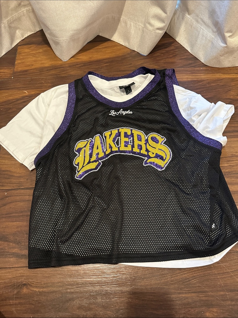 Los Angeles Lakers Black Mesh Crop Tank with Purple Trim